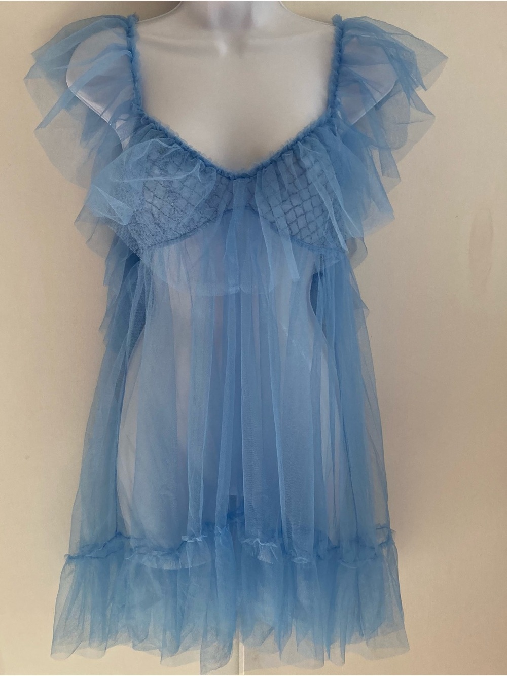 Free People Blue Star of The Show Sheer Tulle Babydoll Mini Slip, NWT Sz M